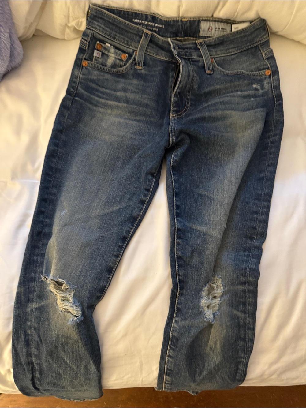 AG Adriano Goldschmied Straight Leg Distressed Blue Jeans